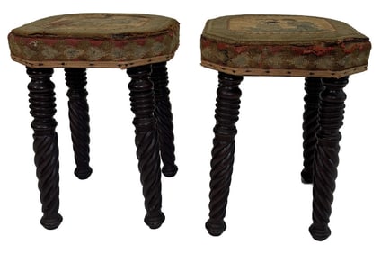 PR OF STOOLS, TWIST & TURN LEGS REMNANTS OF ORIG UPHOLSTERY  16 3/4" X 12 3/4"