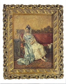 OIL / PANEL DE VEGA "IN THE PARLOUR" ARTIST UNKNOWN 13" X 9 3/4"