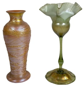2 PCS ART GLASS, 10" TIFFANY & UNSIGNED THREADED GLASS VASE 9 1/2" , BOTH WITH REPAIR OR DAMAGE