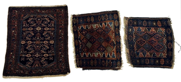 3 TURKISH MATS OR BAG FACES, 30" X 24", 25" X 19" 21" X 19 1/2"