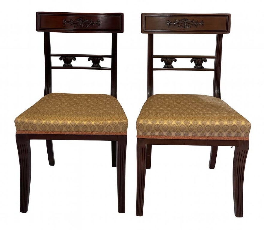 FINE PAIR OF BOSTON SABRE LEG CHAIRS, UPHOLSTERED SEATS 32 1/4" X 18 1/2" X 19 1/4": FINE PAIR OF BOSTON SABRE LEG CHAIRS, UPHOLSTERED SEATS 32 1/4" X 18 1/2" X 19 1/4"