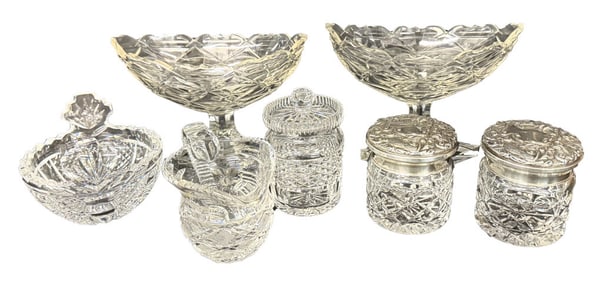 CRYSTAL COMPOTES, CREAM, SUGAR & MUSTARD POTS & 2 STERLING LIDDED DESSER JARS