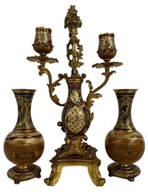 AESTHETIC MOVEMENT DOUBLE BRANCH CANDELABRA & SIENNA MARBLE & ENAMEL DECORATED GARNITURES ,