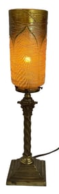 PERIOD ACCENT LAMP WITH ART GLASS SHADE, QUEZAL CARTER PERIOD, UNSIGNED 16" TALL