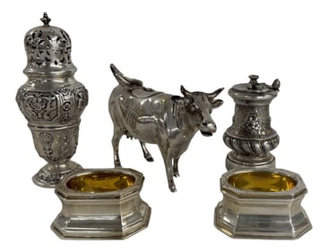 SILVER TABLE ARTICLES INC. TIFFANY & CO OPEN SALTS PEPPER MILL, COW CREAMER, SUGAR CASTOR APPROX.