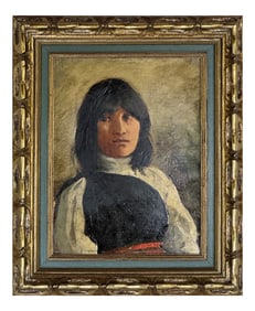 OIL/ BOARD FRANK PAUL SAUERWEIN, PORTRAIT OF A NATIVE AMERICAN (1871 - 1910)  8 1/2" X 6 1/2"