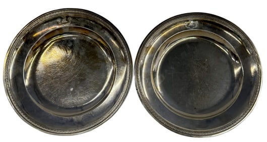 PR OF FRENCH C. 1820 STERLING SILVER DINNER PLATES W/ ARMORIAL CREST , 10 3/4" DIAM EACH. APPROX. 44