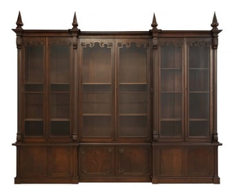 MAGNIFICENT GOTHIC INSPIRED BOSTON BOOKCASE 6 GLAZED DOORS OVER 6 CABINET DOORS, MAHOGANY  141" LONG