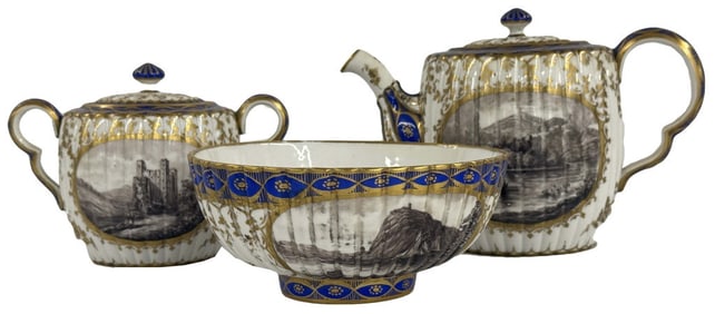 3 PCS HAND PAINTED ROYAL CROWN DERBY,CASTLE SCENES TEA & SUGAR POTS & 6 1/2" DIAM WASTE BOWL