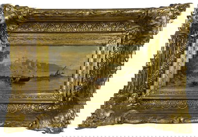 OIL/ BOARD GRAND TOUR EUROPEAN RIVER LANDSCAPE WITH CASTLE 6 1/4" X 12 1/4"