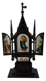 GOTHIC INSPIRED FOLDING ALTAR, WITH HAND PAINTED PORCELAIN  TILES, VIRGIN MARY, CHRIST CHILD,