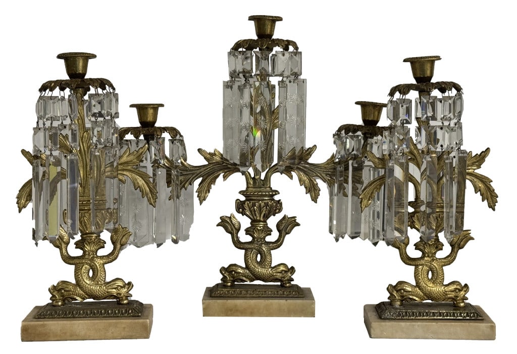 3 PCS GIRONDOLE SET FIRE GILDED DOLPHIN BASES CENTER PC: 14 3/4" TALL X 13 1/2" (1 of 3)