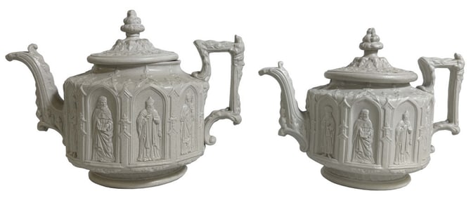 2 SALT GLAZED APOSTLE TEAPOTS, LARGER 7 1/2" X 9 1/2"