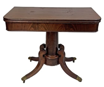 MAHOGANY FEDERAL CARD TABLE WITH CANNON BARREL SHAFT 29 1/2" X 36 1/4" X 18" CLOSED   36" OPEN
