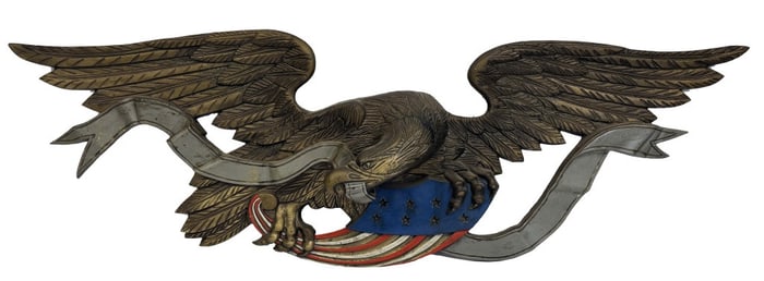CAST IRON EAGLE WITH BANNER & FLAG, VM 24-36 24 1/2" X 71 1/2"
