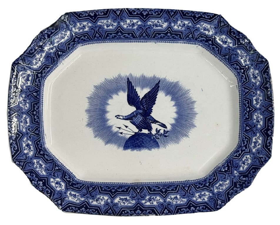 C. 1840 ENG. IRONSTONE PLATTER W/ AMERICAN EAGLE IN DARK BLUE  20 1/4" X 16" (1 of 5)