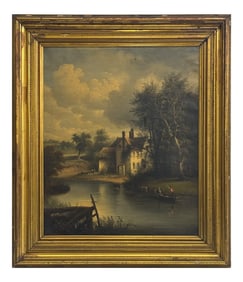OIL/CANVAS E. C. COATES "MANOR HOUSE BY THE STEAM" 30" X 25"