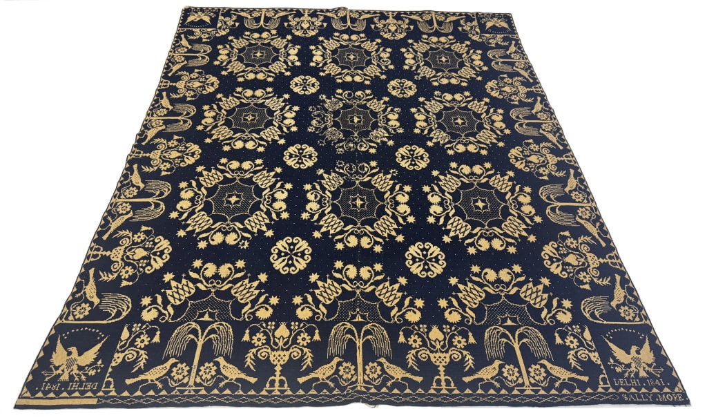 RARE 1841 DELHI COVERLETTE, MADE FOR SARA MORE BY ASAHEL AMORA PHELPS (1795-1854) SOME WEAR  92" X (1 of 8)