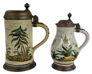 2 EARLY 18TH / 19TH C. FAIENCE PEWTER BOUND STEINS