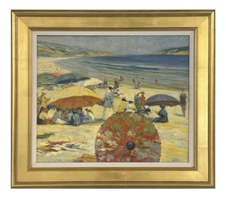 OIL/BOARD AMERICAN SCHOOL BEACH SCENE, UNSIGNED 20" X 24"