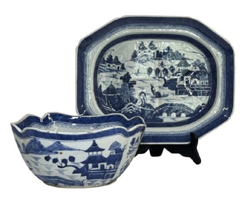 CANTON 10" CUT CORNER BOWL & WELL & TREE PLATTER 14 1/2"  BOTH WITH "RAIN & CLOUD" BORDER