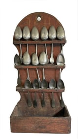 SPOON RACK WITH PEWTER SPOONS IN OLD RED PAINT 26 3/4" X 5 1/2"