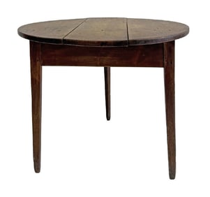 THREE LEGGED CRICKET TABLE IN RED WASH & ROUND 3 BOARD SCRUB TOP,  31" DIAM 27" TALL
