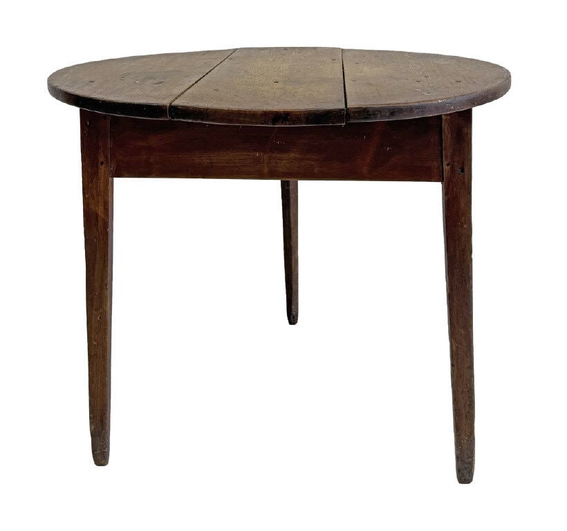 THREE LEGGED CRICKET TABLE IN RED WASH & ROUND 3 BOARD SCRUB TOP,  31" DIAM 27" TALL (1 of 5)