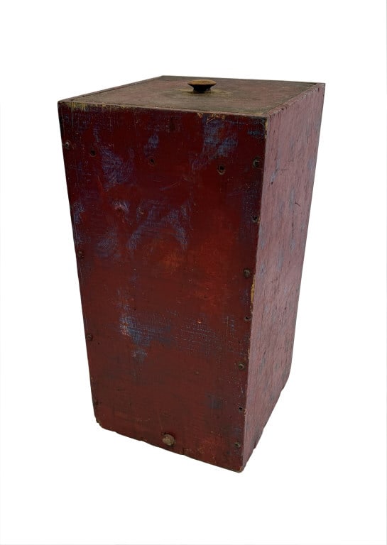 FLOOR STANDING BOX WITH LID, IN RED PAINT W/ BLUE SPATTER 28" X 14" X 15" (1 of 7)