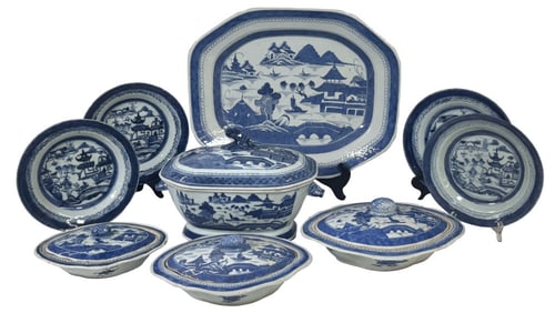 CANTON SOUP TUREEN, 17" PLATTER, 3 GRADUATED COV. VEG BOWLS & 4 - 8 1/2" DIAM PLATES
