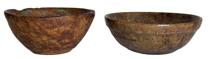 2- EARLY 19TH OR LATE 18THC. AMERICAN BURL BOWLS 1- 6" DIAM & 1- 5 1/4" DIAM