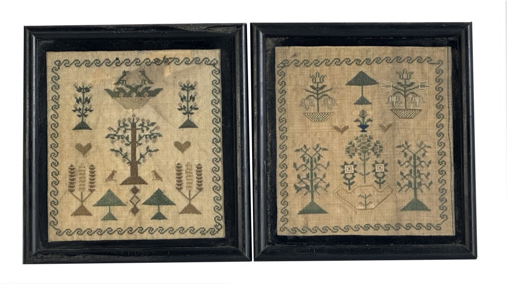 PR OF EARLY 19THC. MINIATURE SAMPLERS 6 1/2' X 6" EACH: PR OF EARLY 19THC. MINIATURE SAMPLERS 6 1/2' X 6" EACH