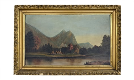 OIL/ BOARD, PAINTED BY ELVA NEWTON, 1894 INSCRIBED ON FRAME, INDIAN ENCAMPMENT  11" X 18"