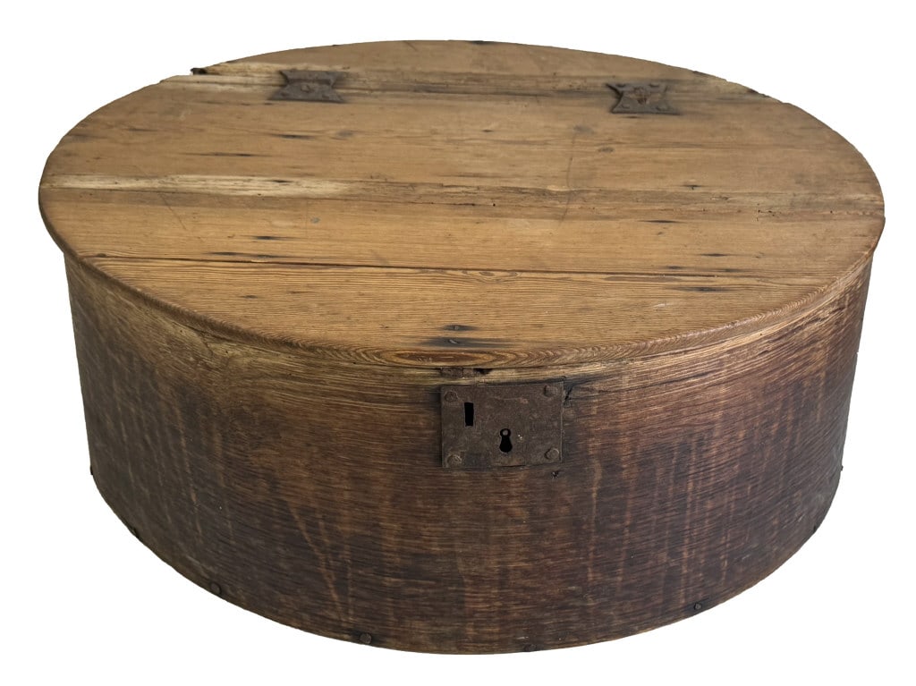 19THC. CHEESE BOX WITH HINGED TOP, BAT WING HINGES 22 1/2" DIAM (1 of 4)