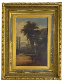OIL/CANVAS VISTA "LANDSCAPE OVER WATER" AMERICAN SCHOOL, UNSIGNED, BOSTON FRAMERS LABEL 18" X 12"