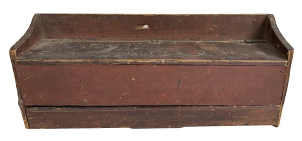 UNUSUAL RED 19THC. WALL BOX W/ LIFT LID OVER DIVIDED DRAWER 10 1/2" X 25 1/2" X 6"