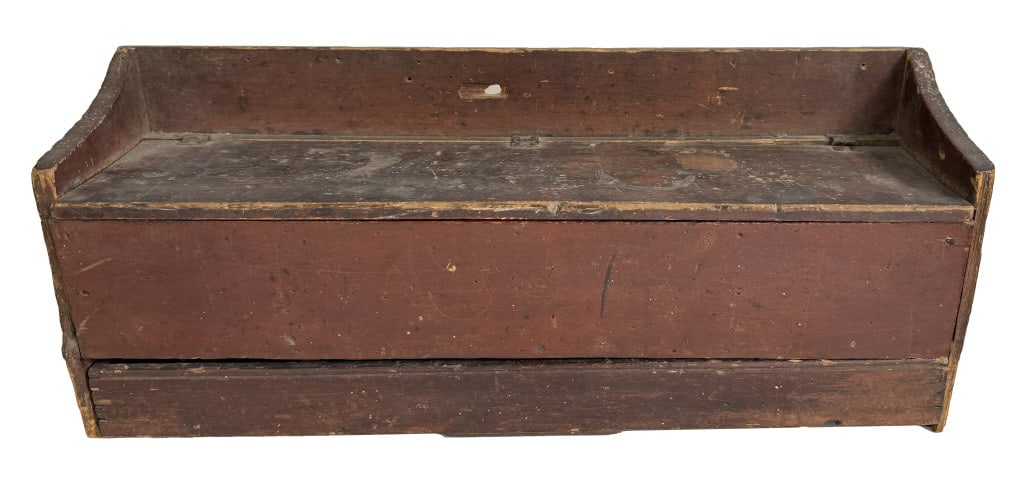 UNUSUAL RED 19THC. WALL BOX W/ LIFT LID OVER DIVIDED DRAWER 10 1/2" X 25 1/2" X 6" (1 of 9)