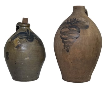 2 EARLY OVOID JUGS WITH COBALT DECORATION 9 1/2' & 12" TALL