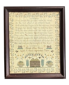 1839 SAMPLER BY 7 YEAR OLD SARAH ANN GIEVE 15 1/2" X 13"