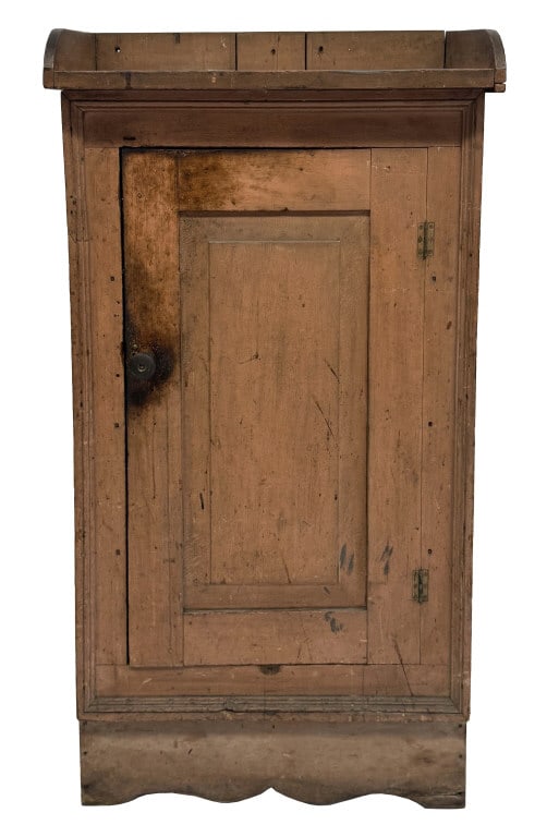 EXCEPTIONAL 19THC. RAISED PANEL ONE DOOR CUPBOARD SALMON PAINT 49" X 27 1/4" X 14 1/4" (1 of 5)