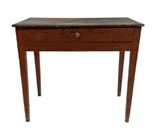 RED PAINTED COUNTRY HEPPLEWHITE WORK TABLE W/ ONE DRAWER & ONE BOARD TOP 27 1/2' X 31 1/2" X 17 1/2"