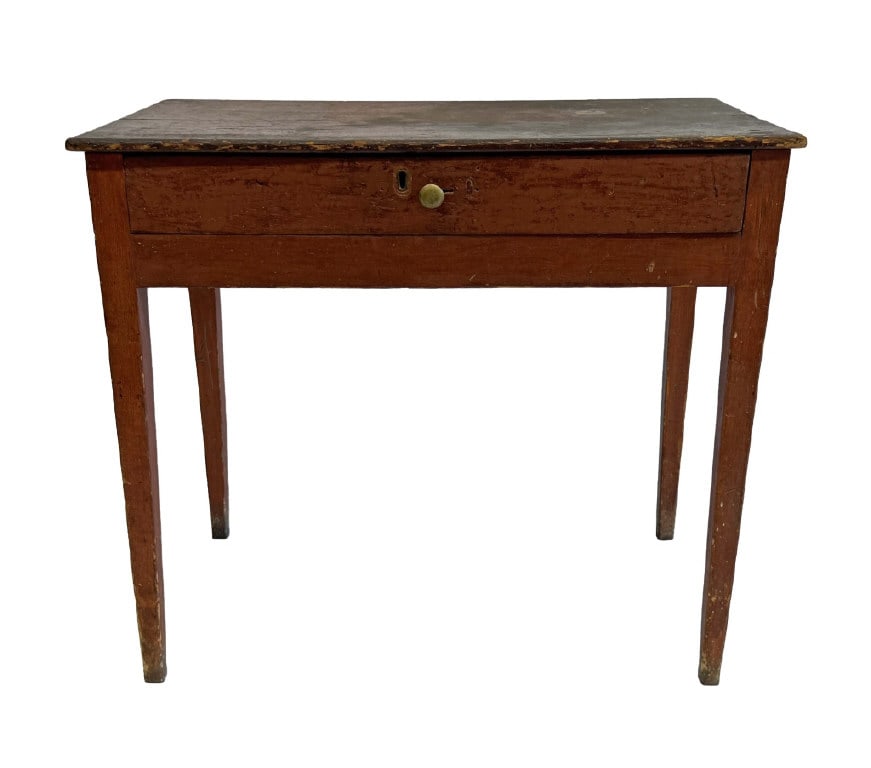 RED PAINTED COUNTRY HEPPLEWHITE WORK TABLE W/ ONE DRAWER & ONE BOARD TOP 27 1/2' X 31 1/2" X 17 1/2" (1 of 5)