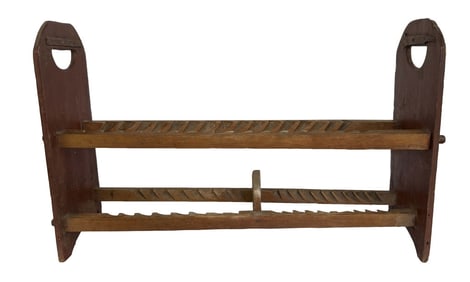 19THC. WOODEN DISH DRYING RACK IN RED PAINT 19 1/2" X 30 3/4" X 9"
