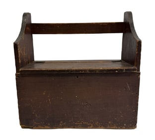 RED  BENCH WITH LIFT LID COMPARTMENT, (LEATHER HINGES HAVE GIVEN WAY) 32" X 32 3/4" X 18"