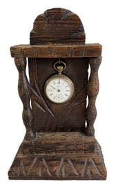 FOLK CARVED WOODEN WATCH KEEP WITH WATCH 10 3/4" X 7" X 3"