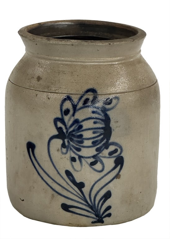 SALT GLAZED CROCK WITH SUNFLOWER DECORATION 9" X 7 1/2" (1 of 4)