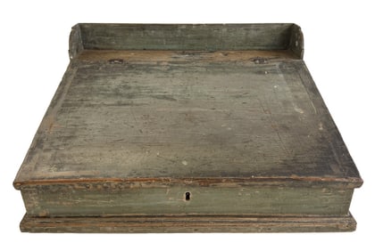 TABLE TOP DESK IN GREEN PAINT W/ CUBBY INTERIOR & 2 DRAWERS W/ WORKING KEY 10 3/4" X 23 1/4" X 18"
