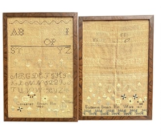 PAIR OF SAMPLERS BY SISTERS DATED 1819 & 1820 CATHERINE & ELIZABETH BROBT 19" X 13" & 18" X 13"