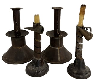 4 EARLY CANDLESTICKS 2 SAND FILLED TIN PUSH UPS W/ DRIP SHELF & 2 CORKSCREW IRON WITH WOODEN BASES