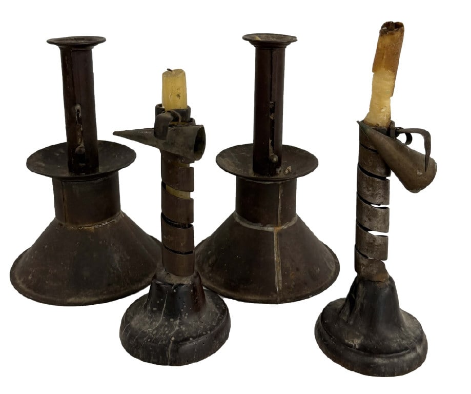 4 EARLY CANDLESTICKS 2 SAND FILLED TIN PUSH UPS W/ DRIP SHELF & 2 CORKSCREW IRON WITH WOODEN BASES (1 of 9)